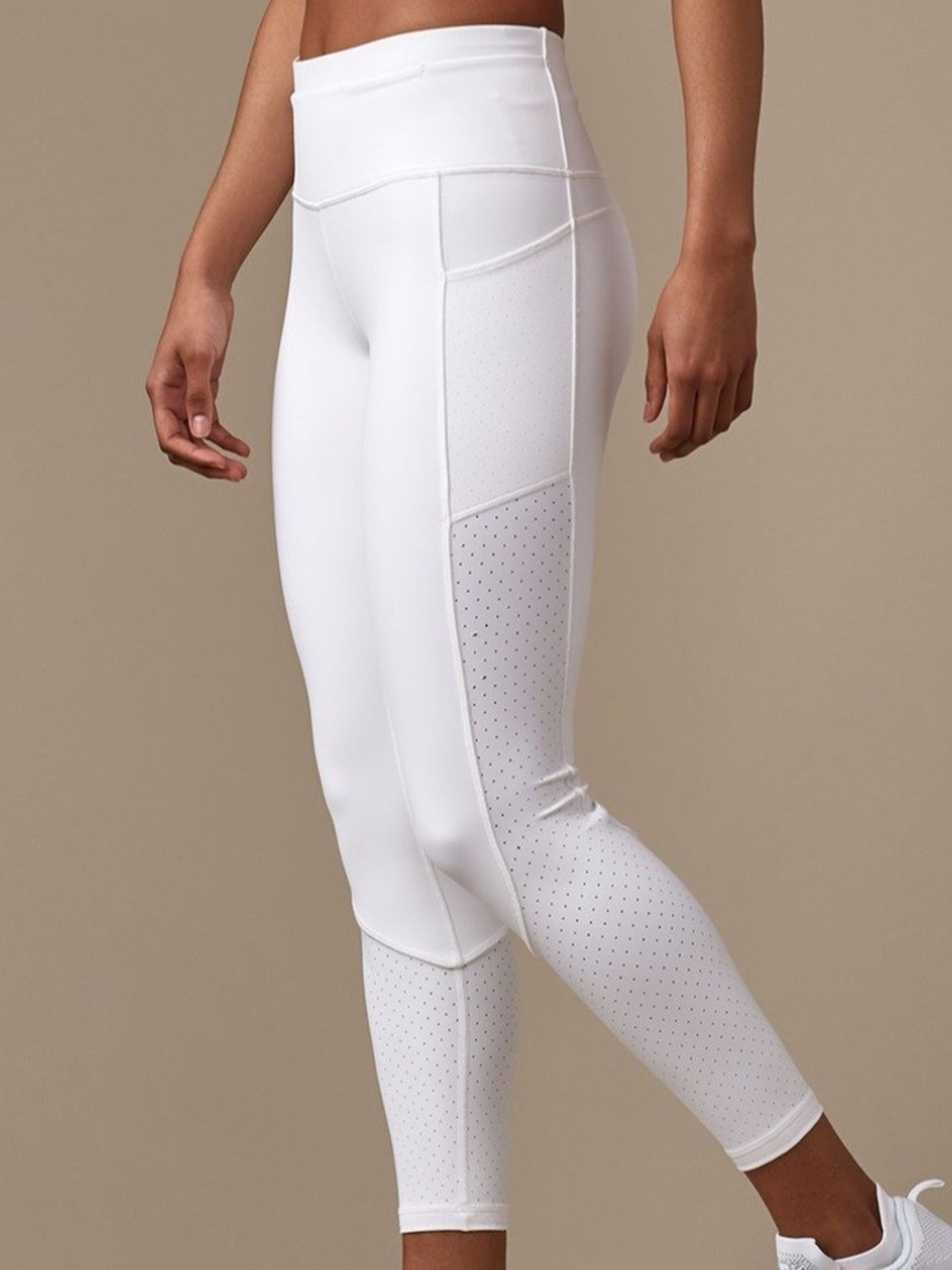High-Rise White Performance Leggings with Perforated Panels